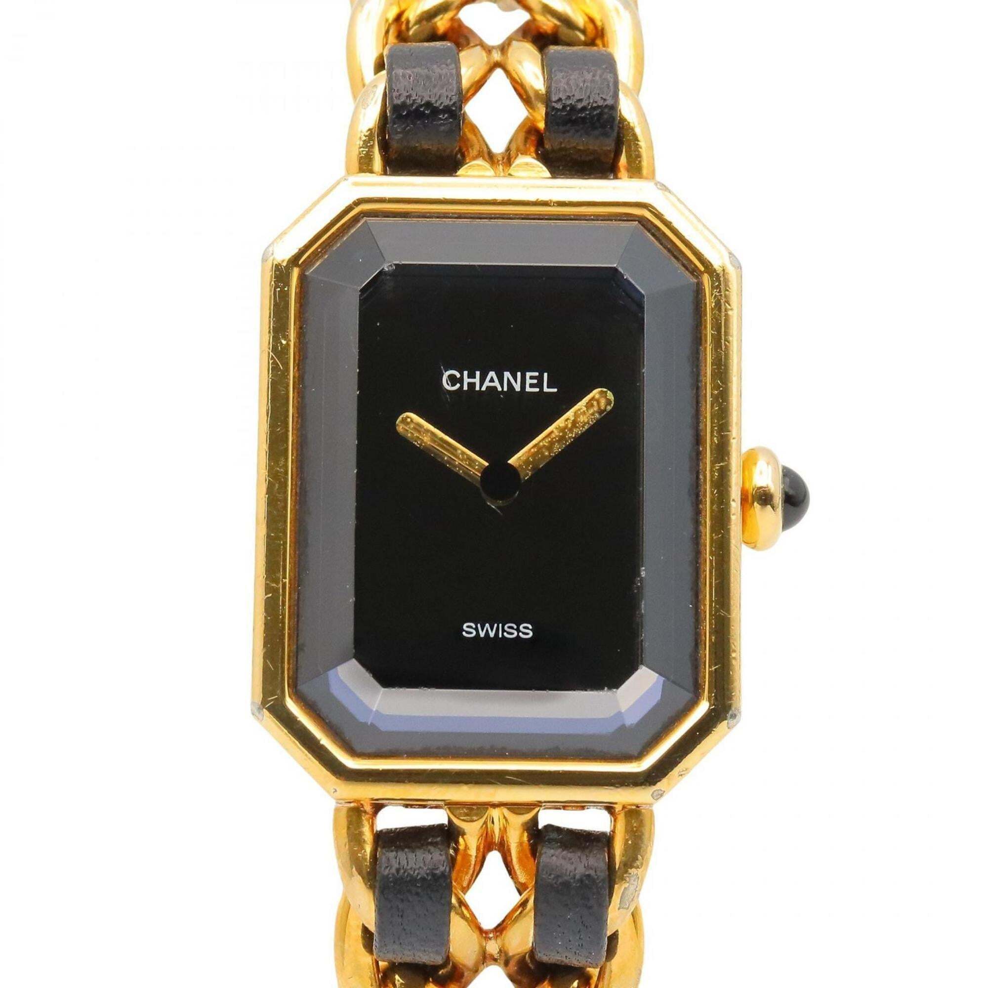 Chanel Premiere M Watch GoldPlated With Leather Strap Black Womens H0001
